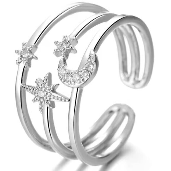 Silver Star and Moon Diamond Adjustable Ring - Picture 2 of 2